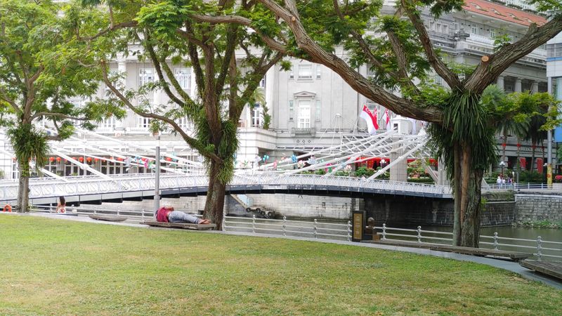 bridge over river with trees and person lying down on a bench