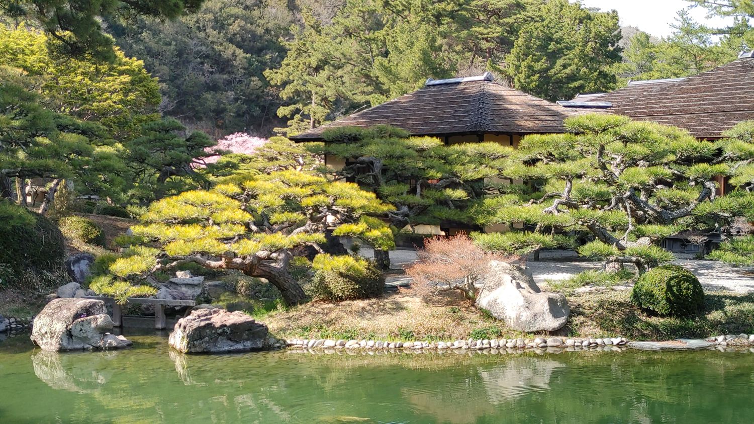a closer view of the castle across the pond